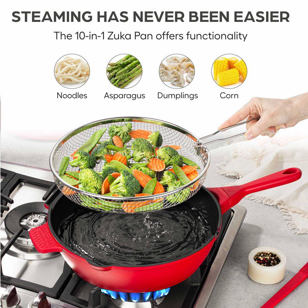 Zuka Everyday Pan 3.25 qt. Aluminum 10 in 1 Ceramic Nonstick Multi-Functional Saute Pan with Nylon Spoon, Steamer Basket - Hercitys