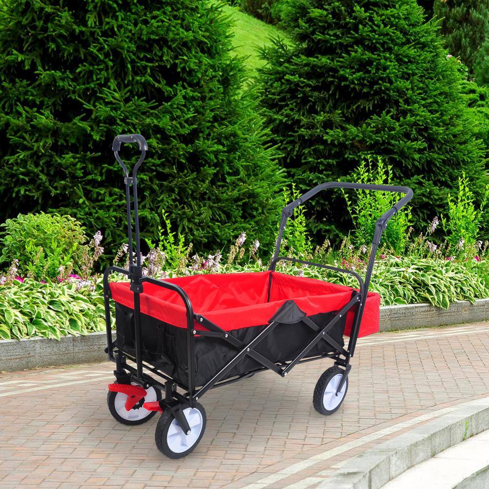 6 cu. ft. PVC Fabric Outdoor Black Red Folding Garden Cart with Drink Holder and Adjustable Handles - Hercitys