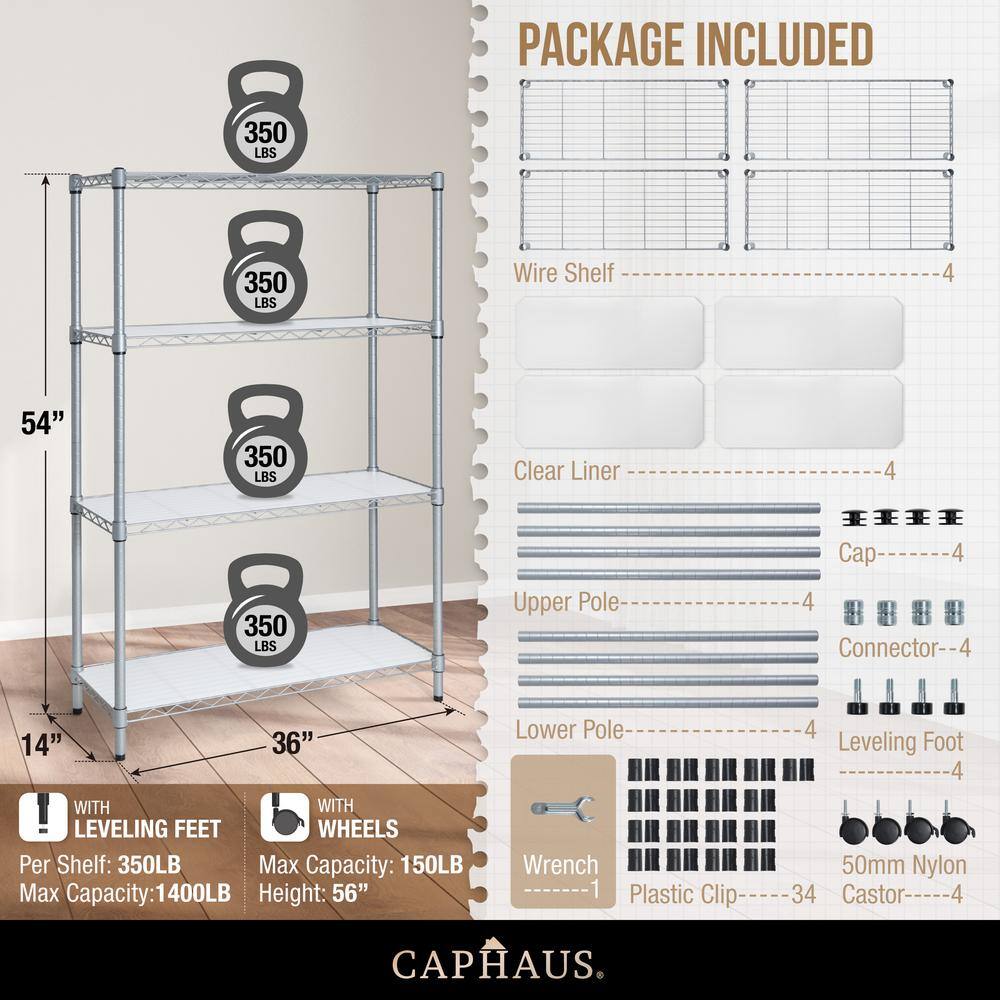 Silver 4-Tier Welded Steel Garage Storage Shelving Unit with Liner and Wheels (36 in. W x 56 in. H x 14 in. D) - Hercitys