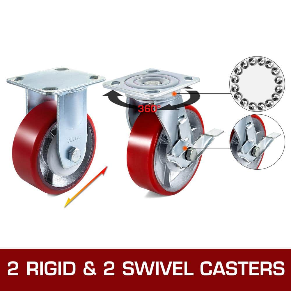 Caster Wheels 4 Pack 6 x 2 in. 2 Rigid and 2 Swivel Casters with Side Brake Iron Core Plate 1000 lbs. Capacity Per Wheel - Hercitys