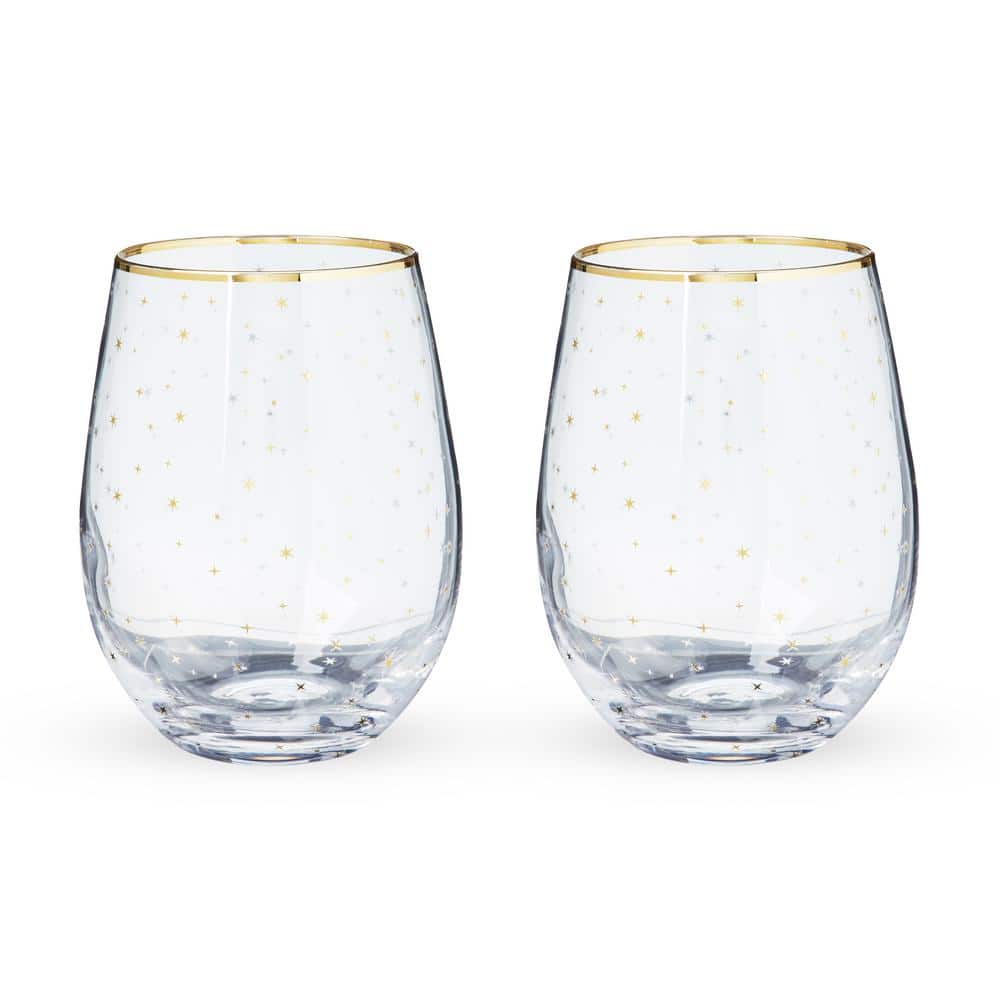 Starlight Stemless Wine Glasses Set of 2 18 oz. Festive Gold Rim Tumblers, Decorative Barware - Hercitys