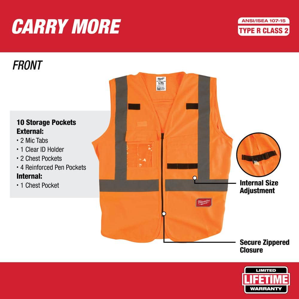 Small/Medium Orange Class 2 High Visibility Safety Vest with 10 Pockets (4-Pack) - Hercitys