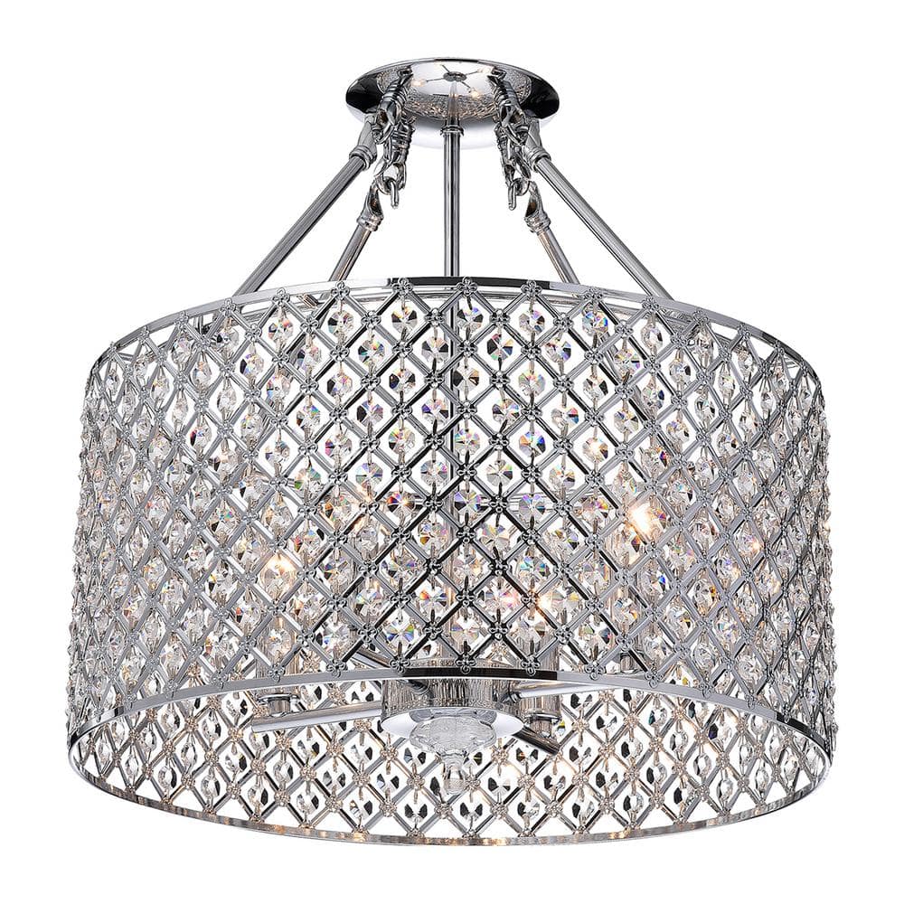 Marya 4-Light Modern Chrome Crystal Semi-Flush Mount Light with Clear Glass Crystal Beaded Drum Shade - Hercitys