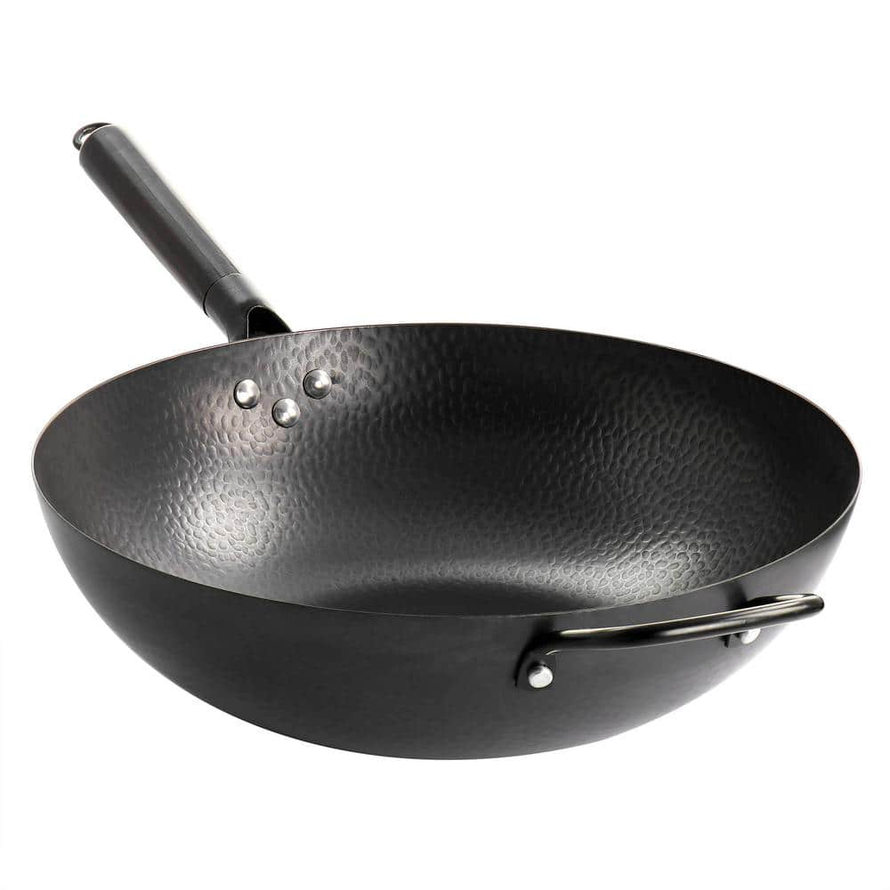 Hammered 13 in. Black Heavy Gauge Carbon Steel Wok - Hercitys