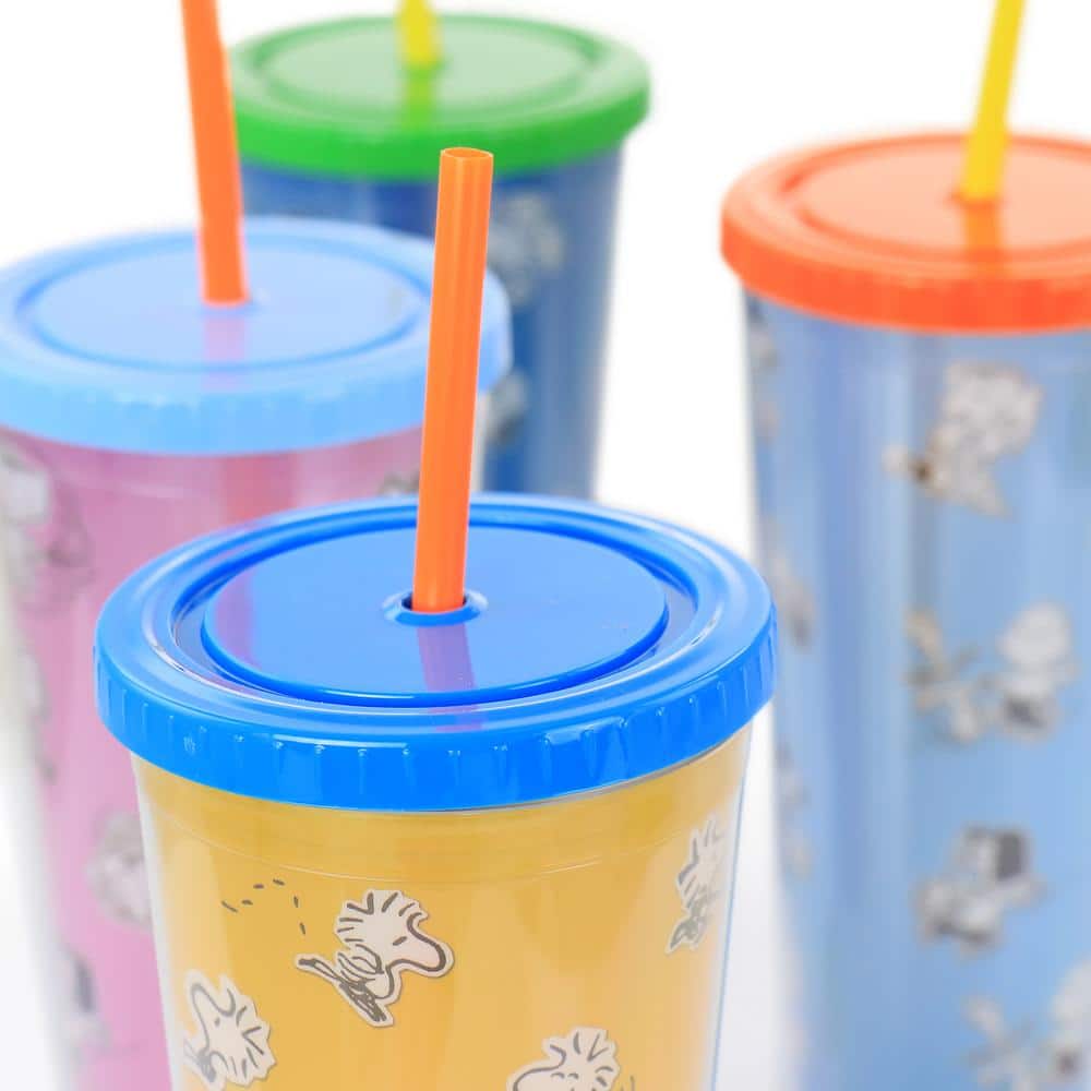 Peanuts 70th Anniversary 23.6 fl. oz. Assorted Colors Plastic Tumbler Set with Lids and Straws - Hercitys