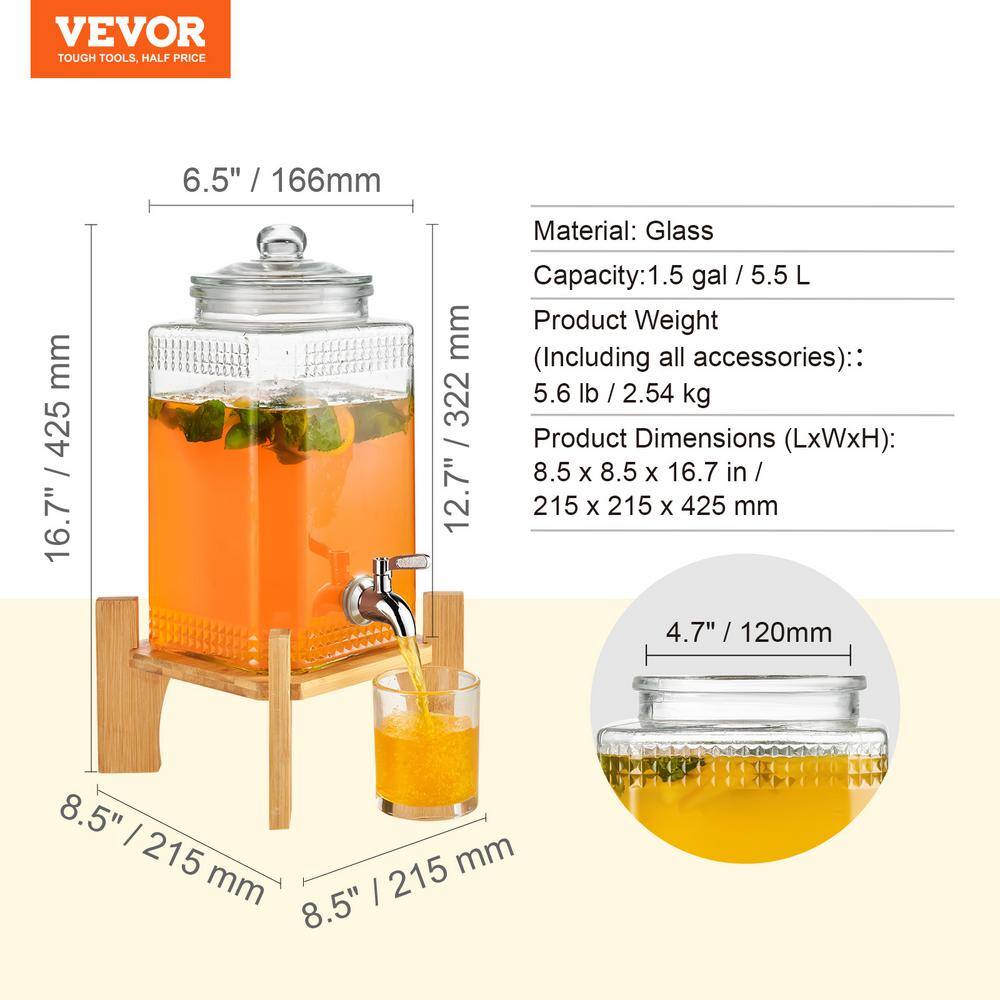 Beverage Dispenser 1.5 gal. Drink Dispensers for Parties 2-Piece Glass Juice Dispenser with Stand Stainless Steel Spigot - Hercitys