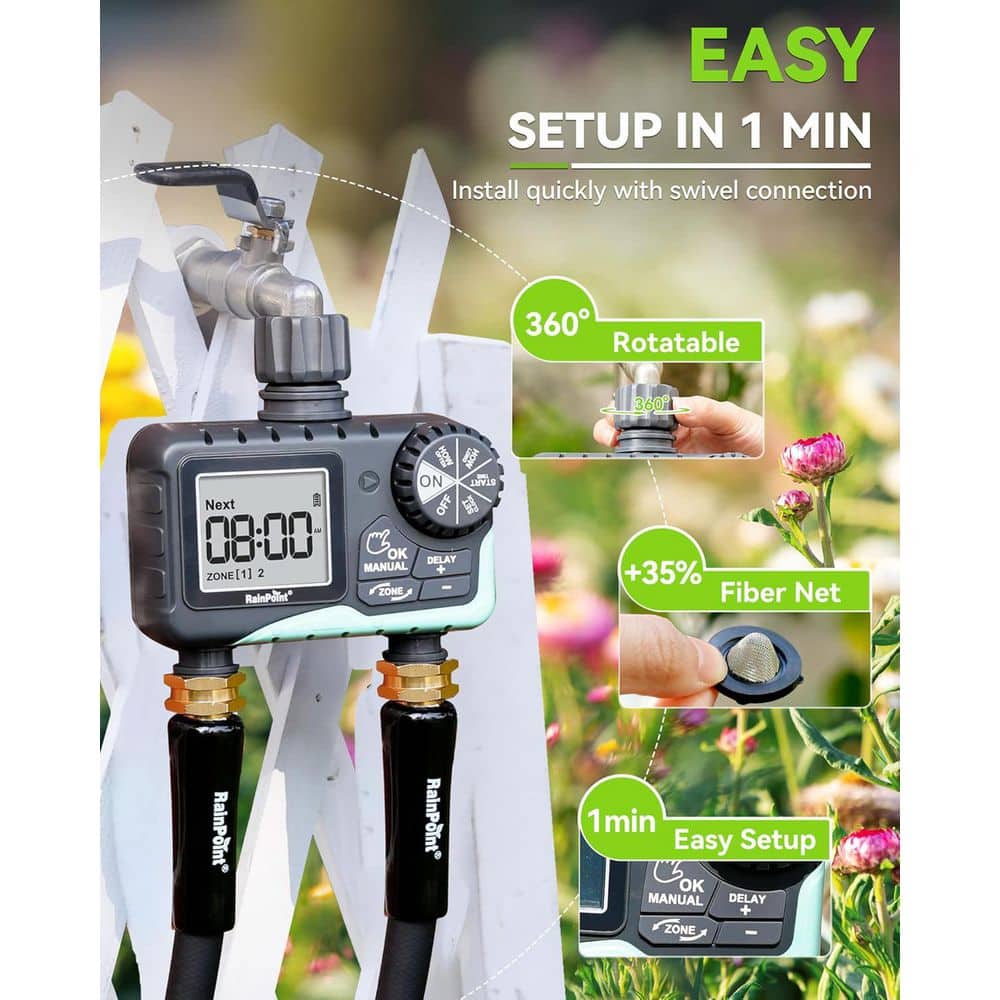 Programmable 2-Zone Water Timer for Garden Sprinkler Hose Faucet, Automatic Irrigation System - Hercitys