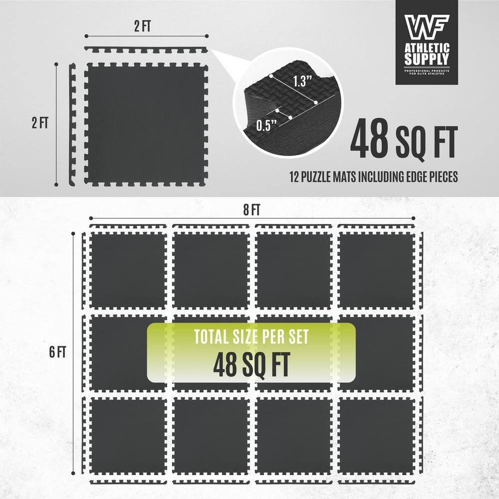 Black 24 in. W x 24 in. L x 0.5 in. Thick EVA Foam T-Pattern Gym Flooring Tiles (12 Tiles/Pack) (48 sq. ft.) - Hercitys