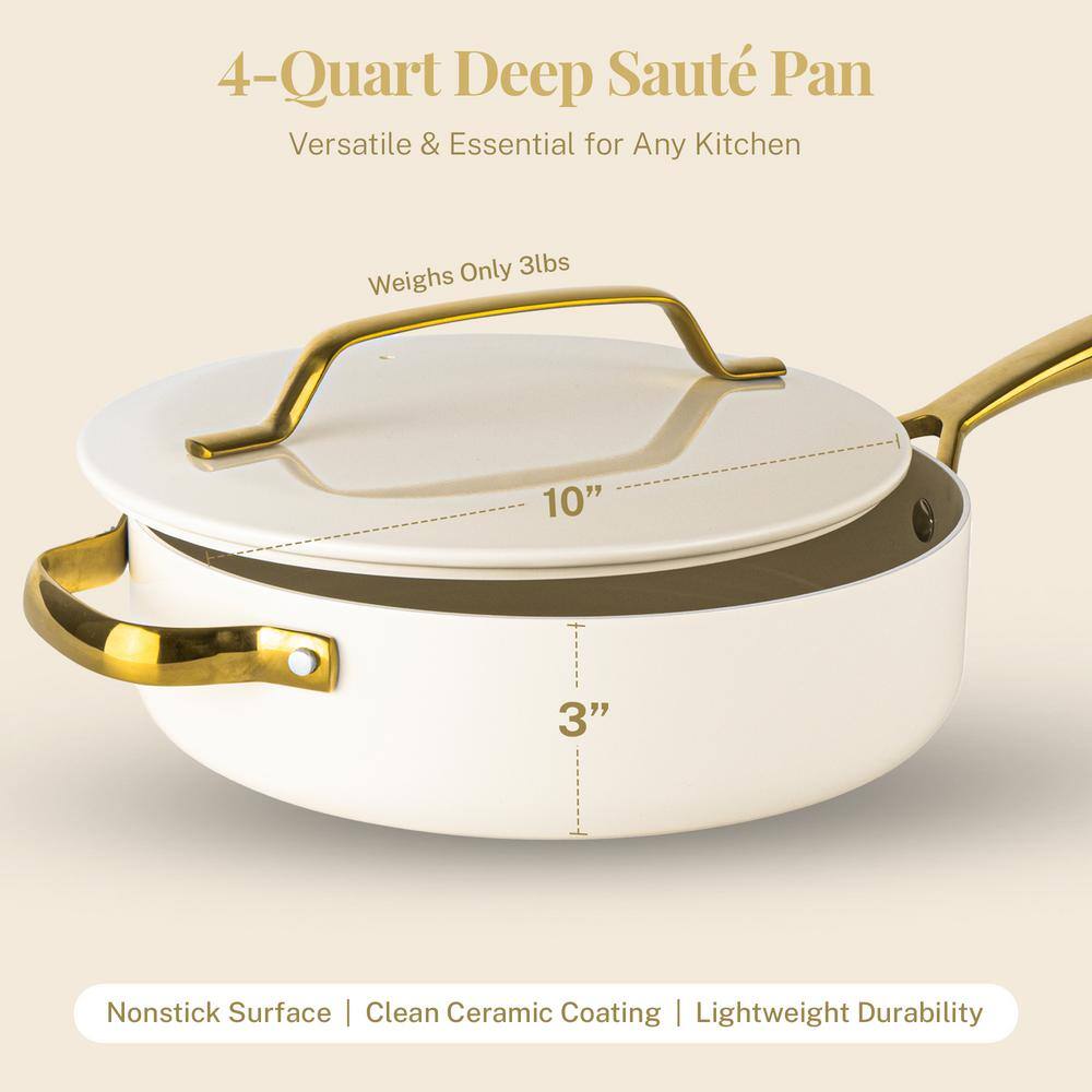 Modern 4 qt. Aluminum Ultra Performance Ceramic Nonstick Saute Pan with Lid in Cream - Hercitys