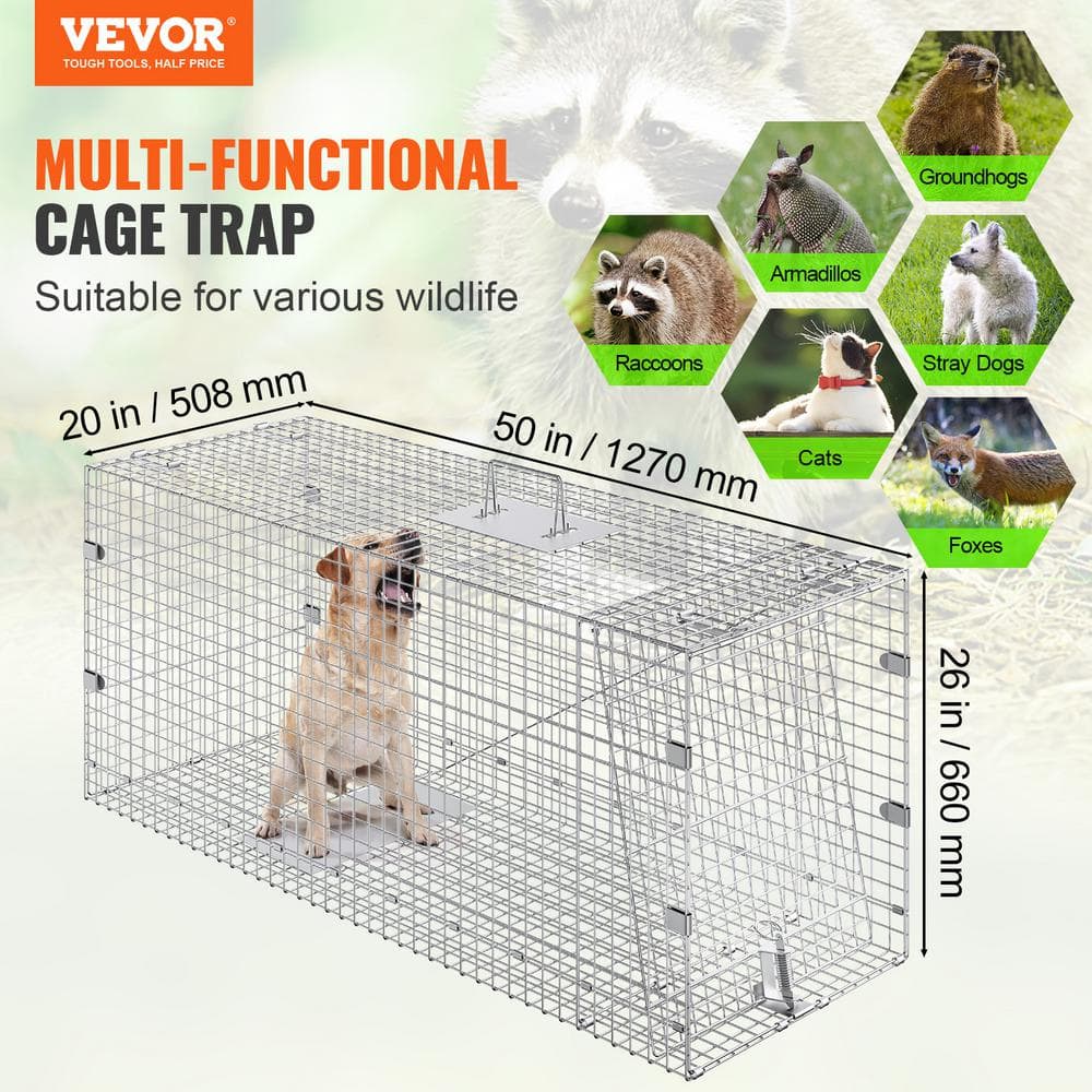 Live Animal Cage Trap 50 in. x 20 in. x 26 in. Humane Cat Trap Galvanized Iron Folding Animal Trap with Handle - Hercitys
