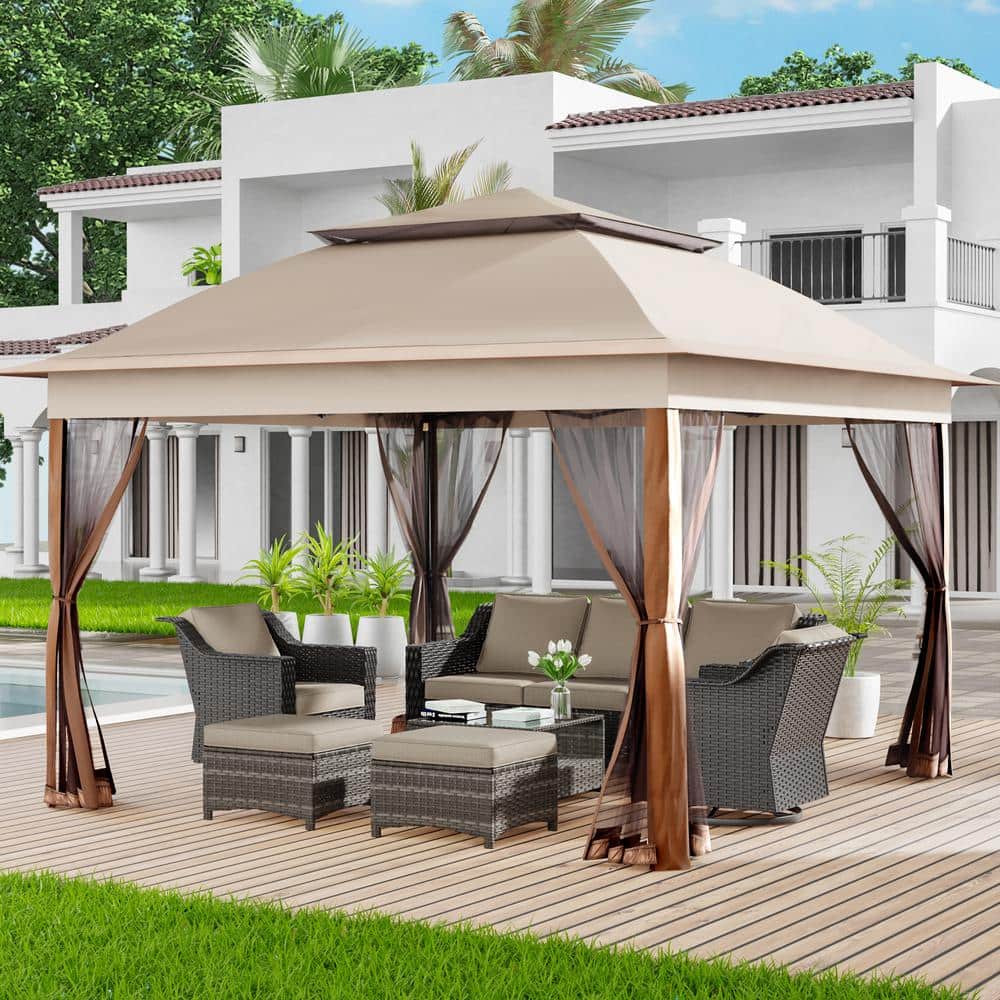 Beige Steel Portable Pop-Up Gazebo with Mosquito Netting 11 ft. x 11 ft. - Hercitys