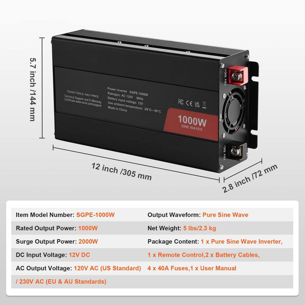 Sine Wave Converter 1000W DC 12-VOLT to AC 120-VOLT with Dual AC Sockets 1 USB 1 Type-C Remote Operation - Hercitys