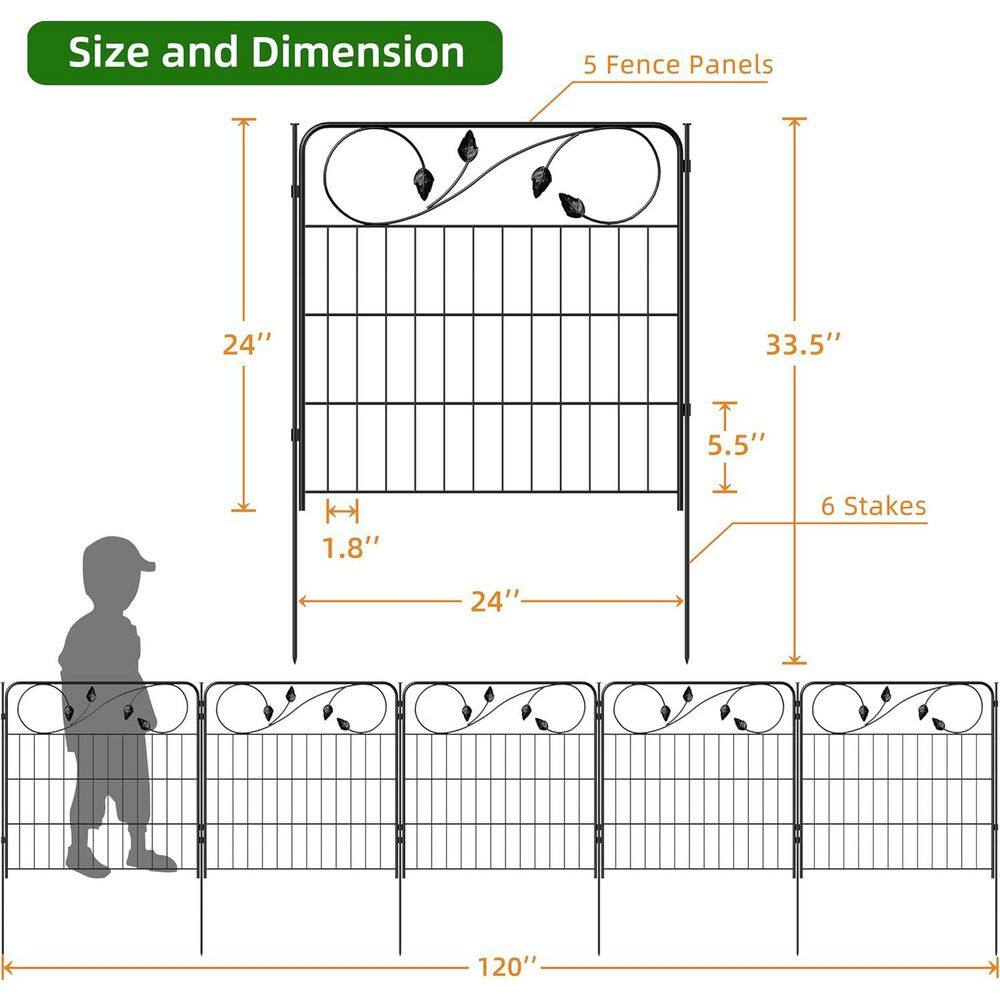 Decorative Metal Garden Fence 24 in. Leaf Design Black Rustproof Wire Border for Landscape Patio Flower Bed 10′ 5 Panels - Hercitys