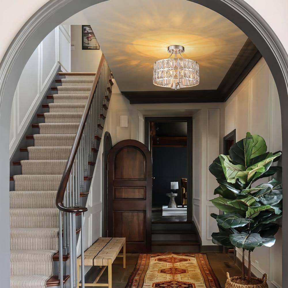 Sroda 12.5 in. 4-Light Brushed Nickel Mid-Century Drum Crystal Semi-Flush Mount Ceiling Light with Drum Crystal Shade - Hercitys