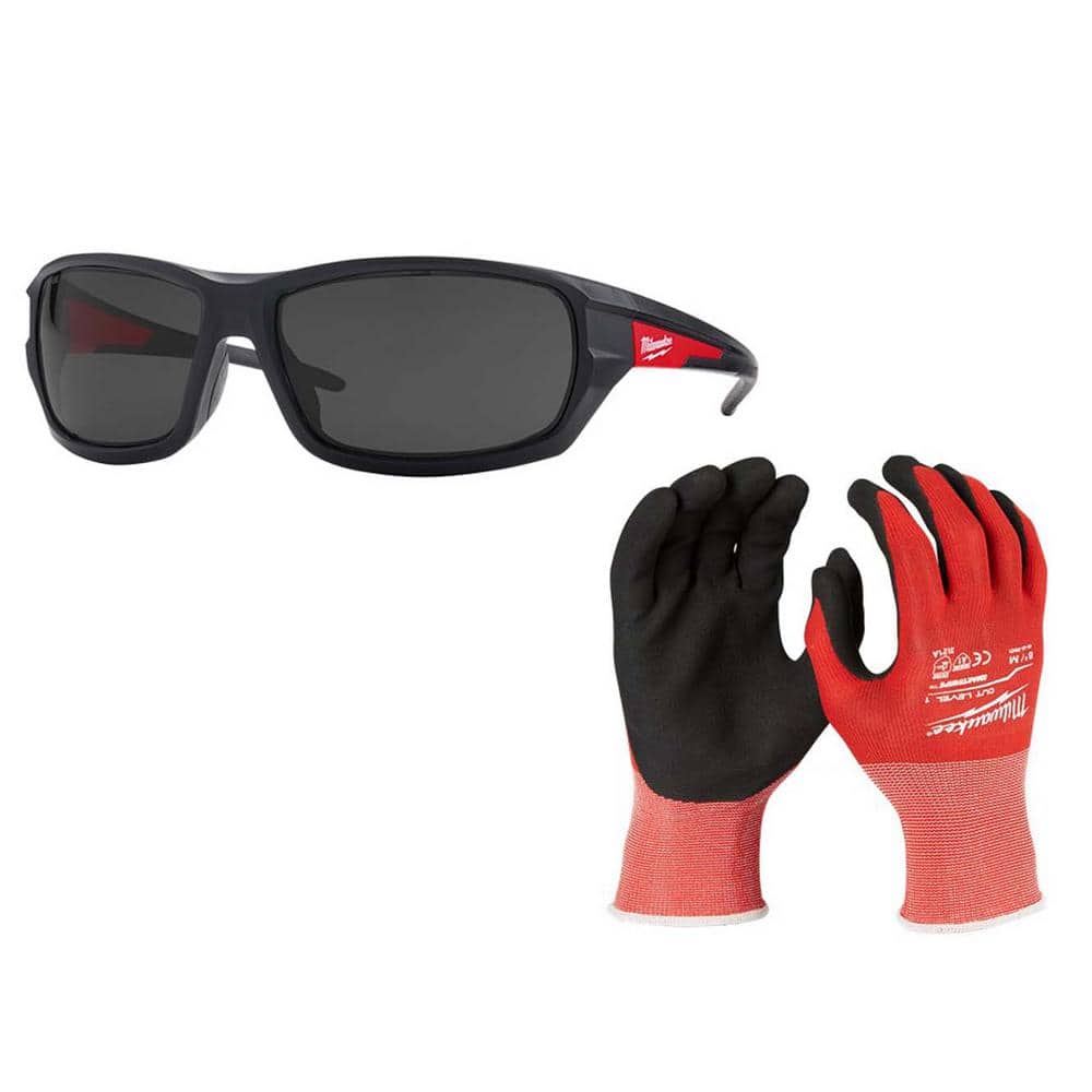 Performance Safety Glasses with Tinted Fog-Free Lenses with Medium Level 1 Cut Resistant Nitrile Gloves - Hercitys