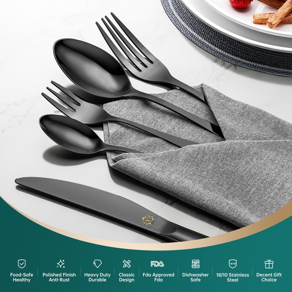 60-Piece Black Stainless Steel Flatware Set (Service for 12) - Hercitys
