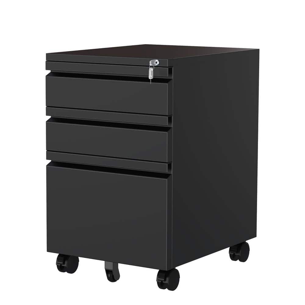 Black Mobile File Cabinet 14.6 in. W x 17.7 in. D Letter/Legal Metal 3-Drawer with Lock on Wheels - Hercitys