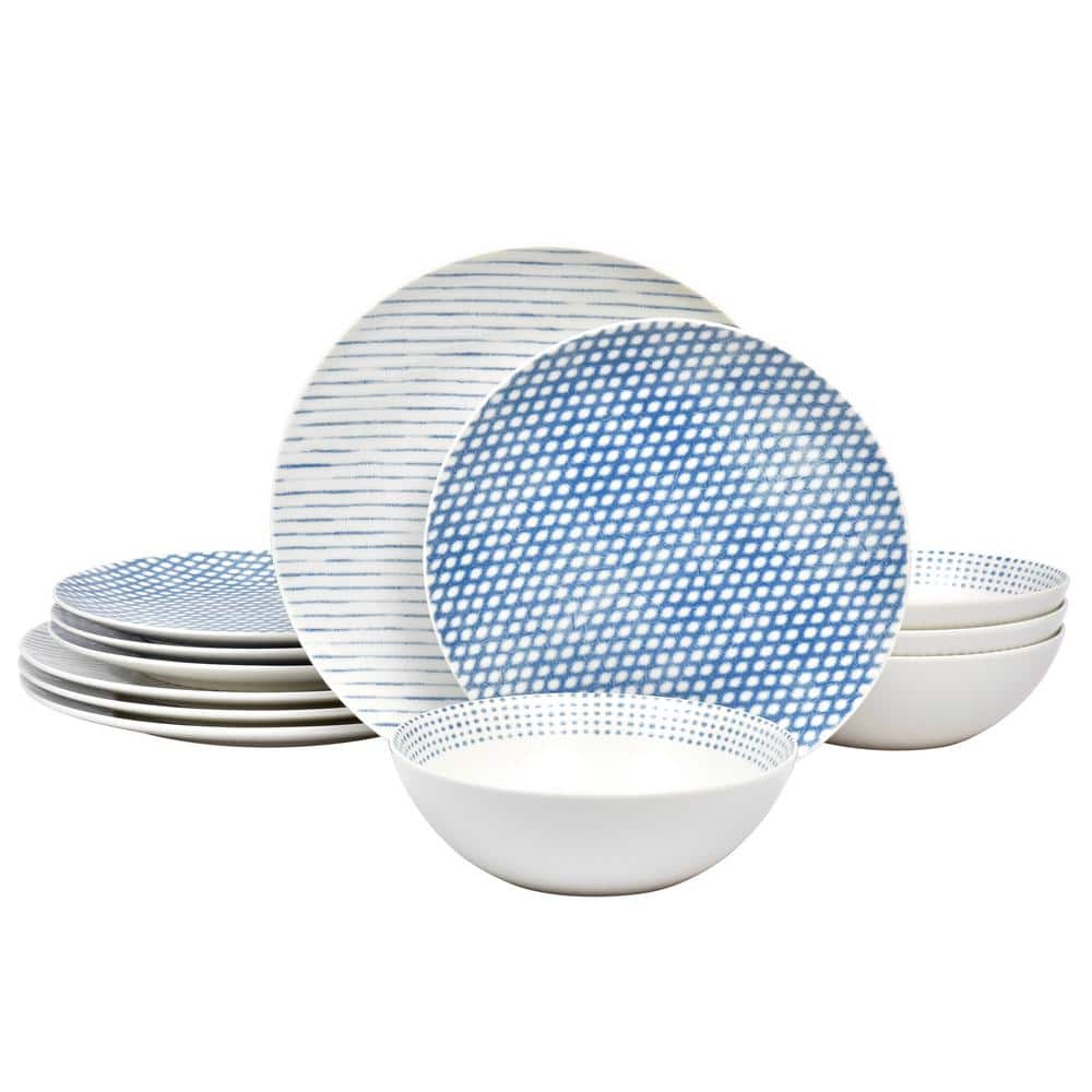 Blue Hammock 12-Piece Coupe (Blue) Porcelain Dinnerware Set, Service for 4 - Hercitys