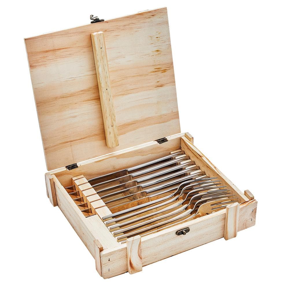 King Steak Dinner 12-Piece Set: 18/10 Stainless Steel 6 Steak Knife and 6 Fork Set in Wood Presentation Box - Hercitys