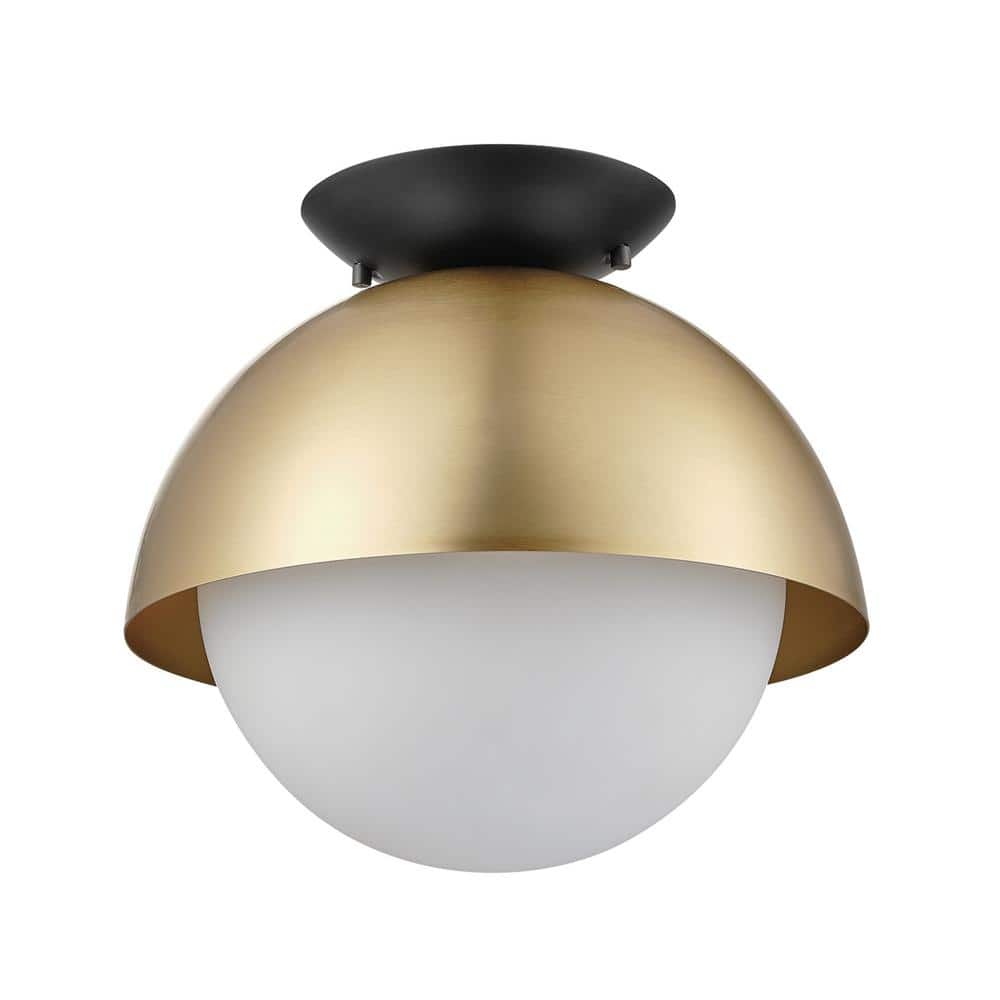 Oswald 10 in. 1-Light Matte Brass Flush Mount with Matte Black Accent Canopy and Frosted Glass Shade - Hercitys