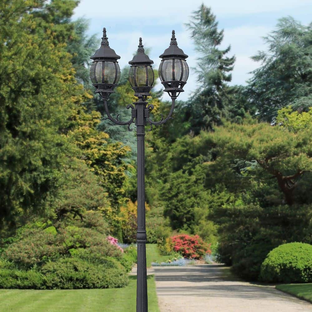 Parkway 7.6 ft. 3-Light Black Outdoor Lamp Post Light Fixture Set with Clear Glass - Hercitys