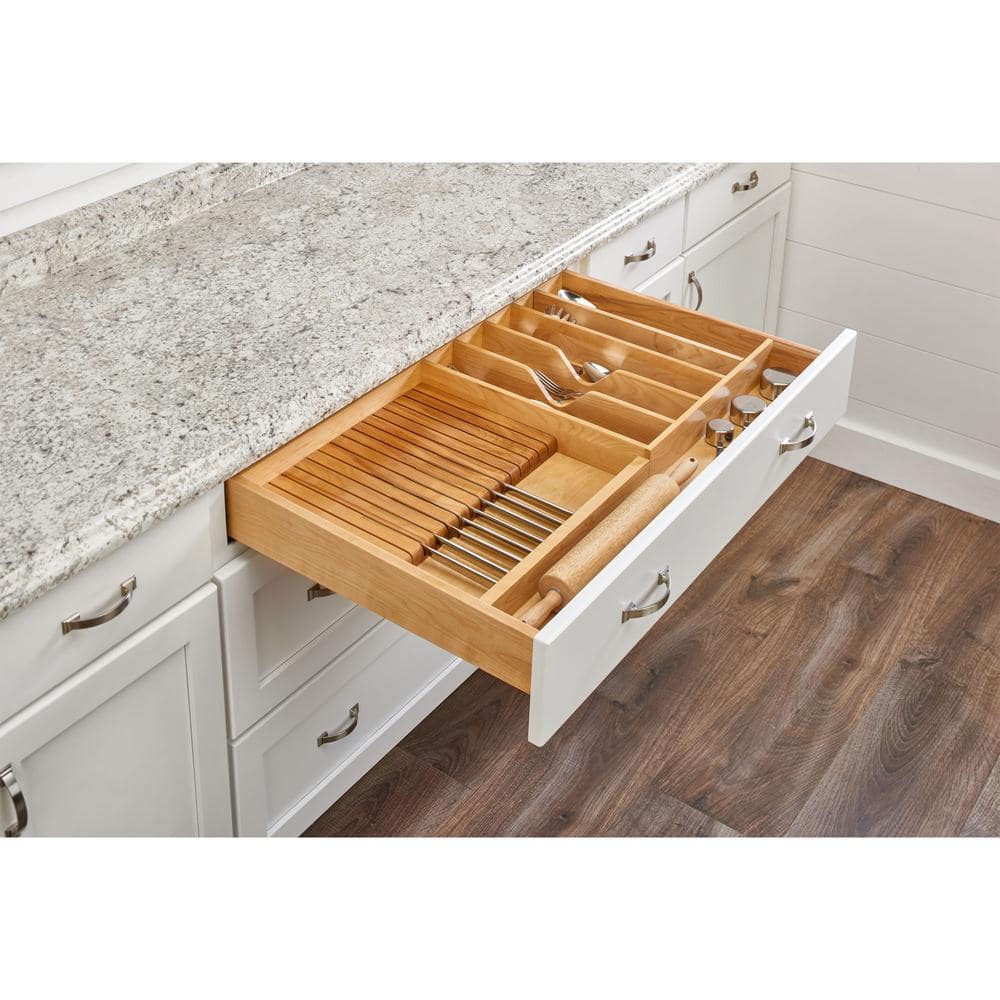 Maple 33.13 in. W x 22 in. D x 2.38 in. H Light Brown Wood Trim-to-Fit Shallow Knife Block Drawer Organizer Insert - Hercitys