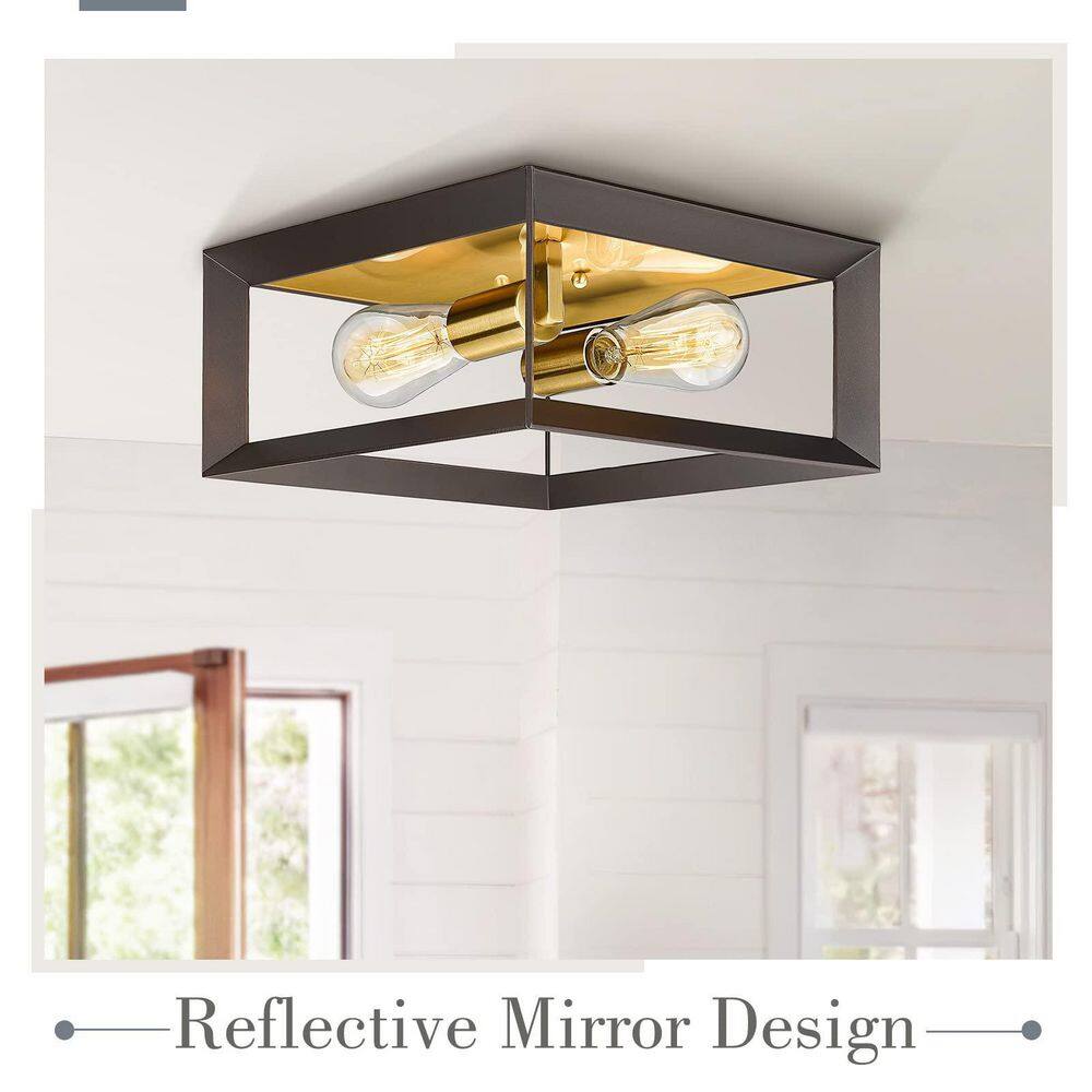Farmhouse 11.5 in. 2-Light Oil Rubbed Bronze Gold Finish Square Cage Flush Mount ‎Ceiling Light - Hercitys