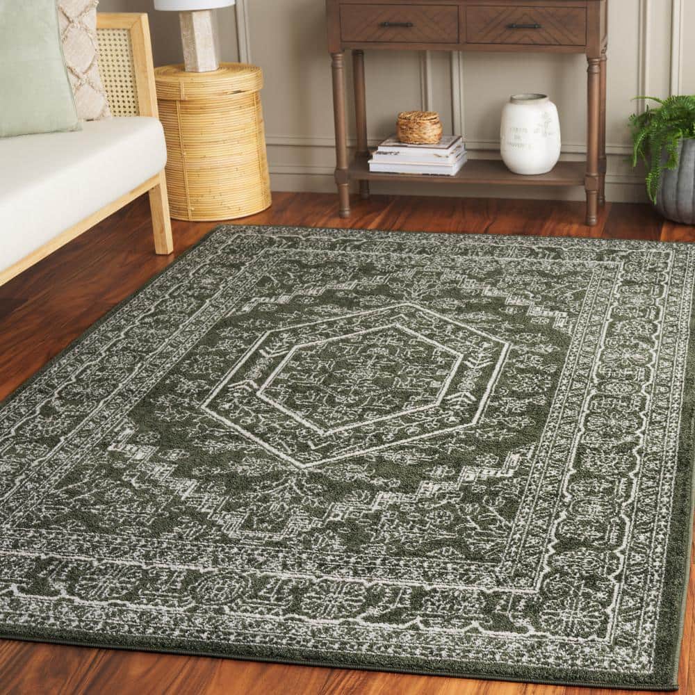 Adirondack Dark Green/Ivory 9 ft. x 12 ft. Border Medallion Area Rug - Hercitys