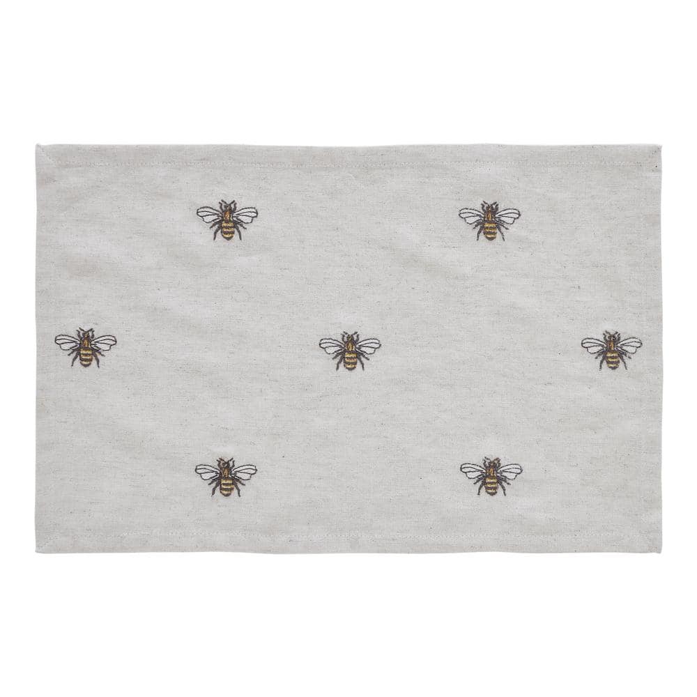 Embroidered Bee 12 in. W x 18 in. L Beige/Cream Yellow Grey Cotton Linen Placemat (Set of 6) - Hercitys