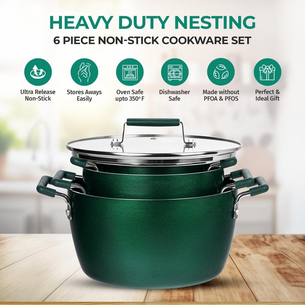 Emerald Green 6-Piece Aluminum Ultra-Durable Nonstick Diamond and Mineral Infused Coating Nesting Pots Set - Hercitys