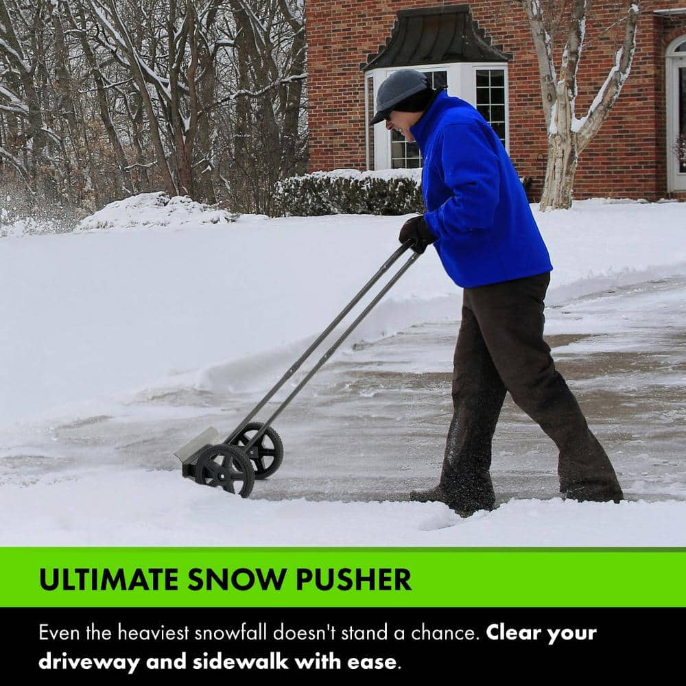 Snow Plow Rolling Push Shovel, 24 in. Length Cushion Handle, Steel Blade - Hercitys