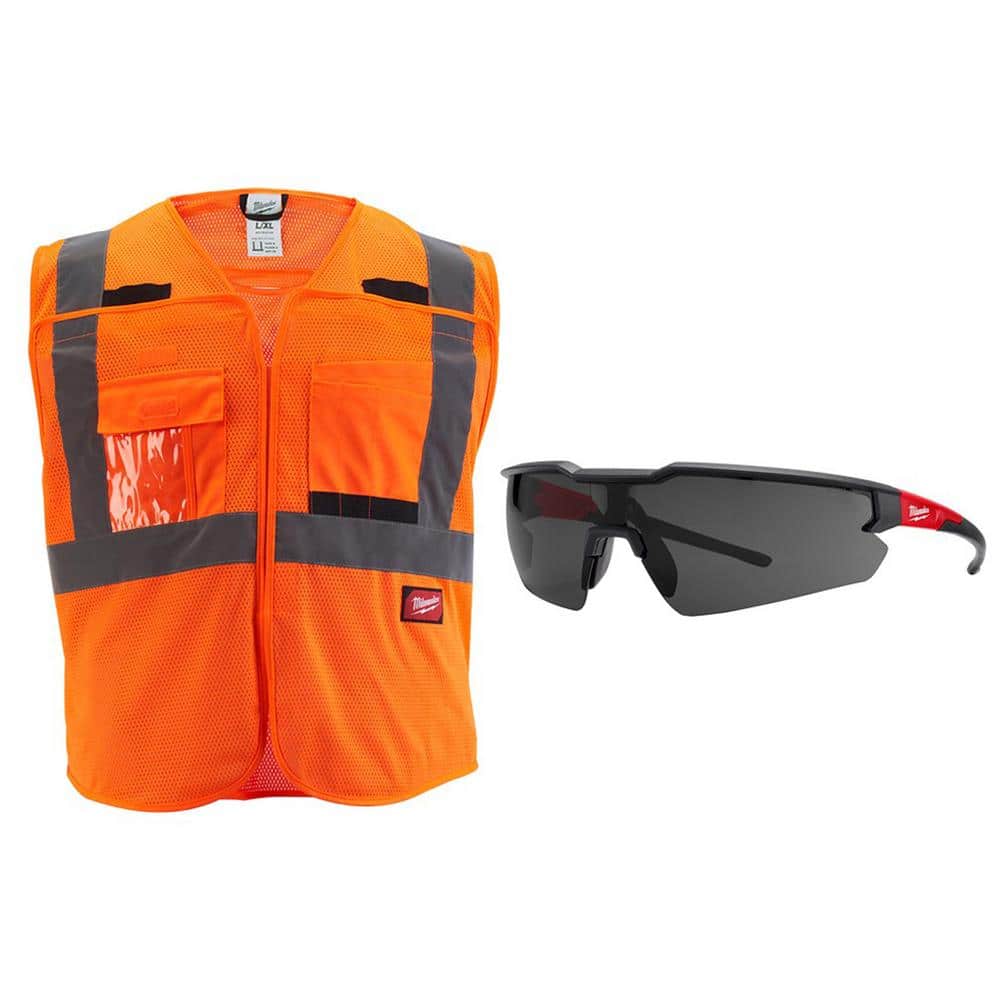 Small/Medium Orange Class 2 Breakaway Mesh High Vis Safety Vest with 9-Pockets and Tinted Anti Scratch Safety Glasses - Hercitys