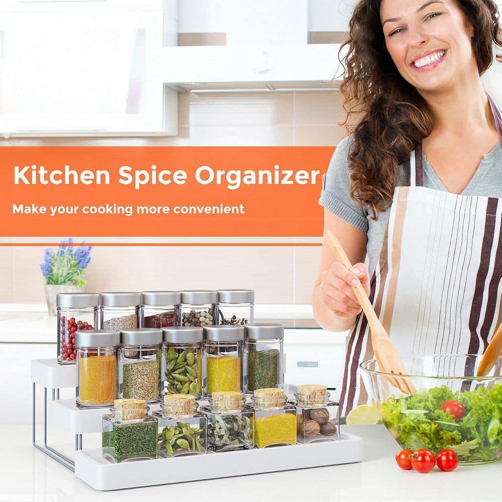 Expandable 3-Tier White Spice Rack Organizer for Cabinet Countertop Pantry Easy Visibility and Access - Hercitys