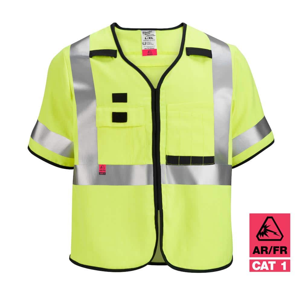 Arc-Rated/Flame-Resistant 2X-Large/3X-Large Yellow Woven Class 3 High Visibility Safety Vest with 10-Pockets and Sleeves - Hercitys