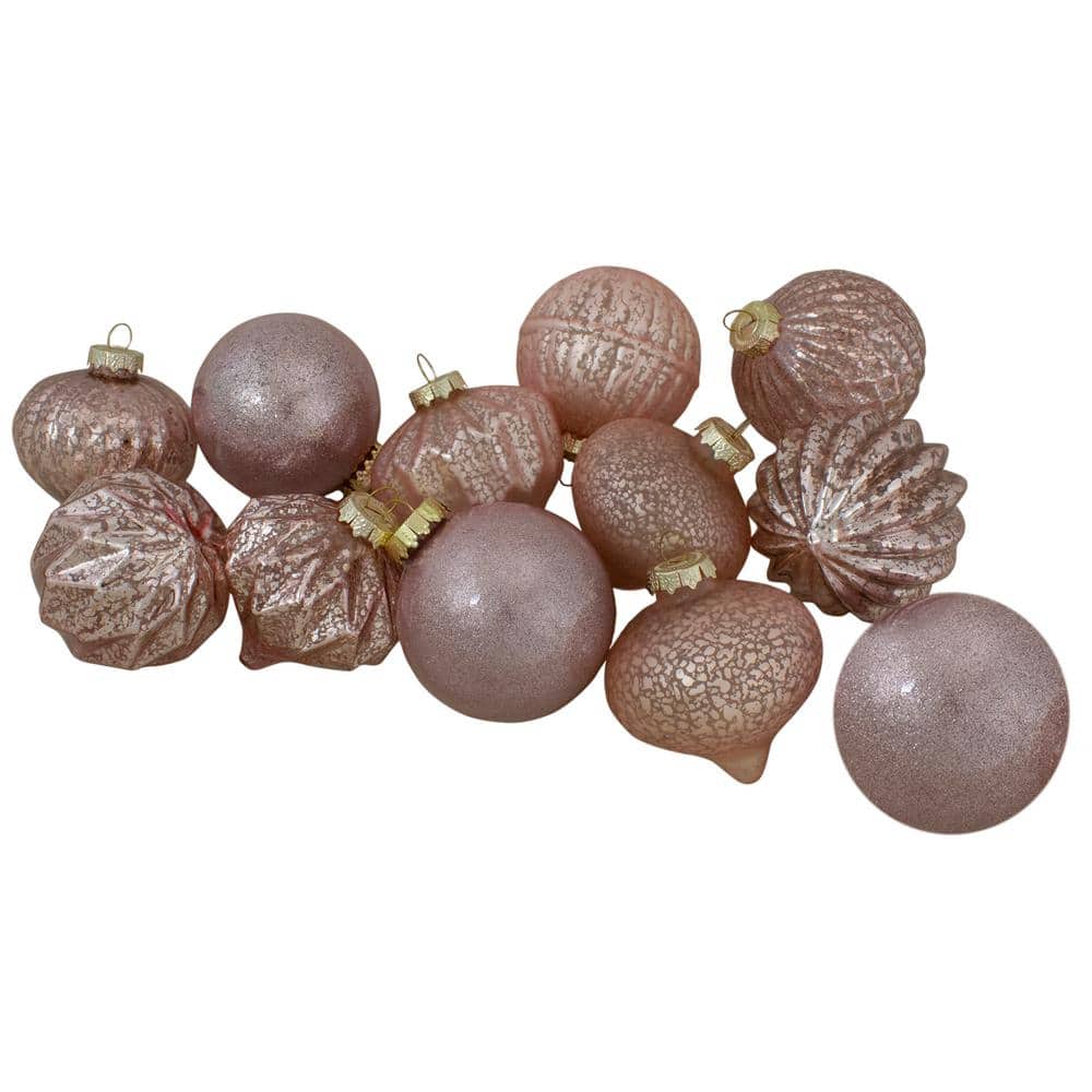 Set of 12 Blush Pink Finial and Glass Ball Christmas Ornaments - Hercitys