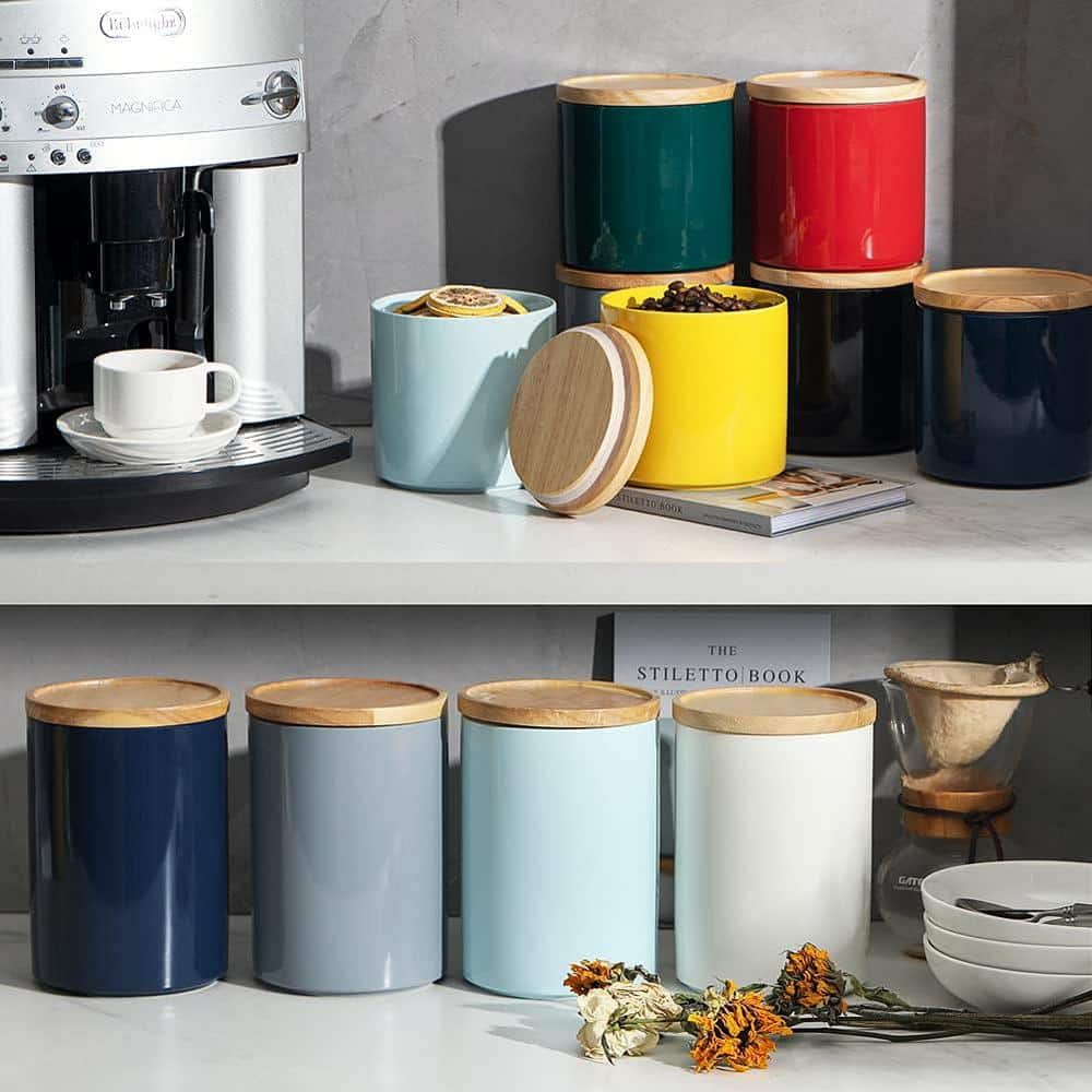 Kitchen Canisters Ceramic Food Storage Jar, Stackable Containers with Airtight Seal Wooden Lid for Serving Coffee Bean - Hercitys