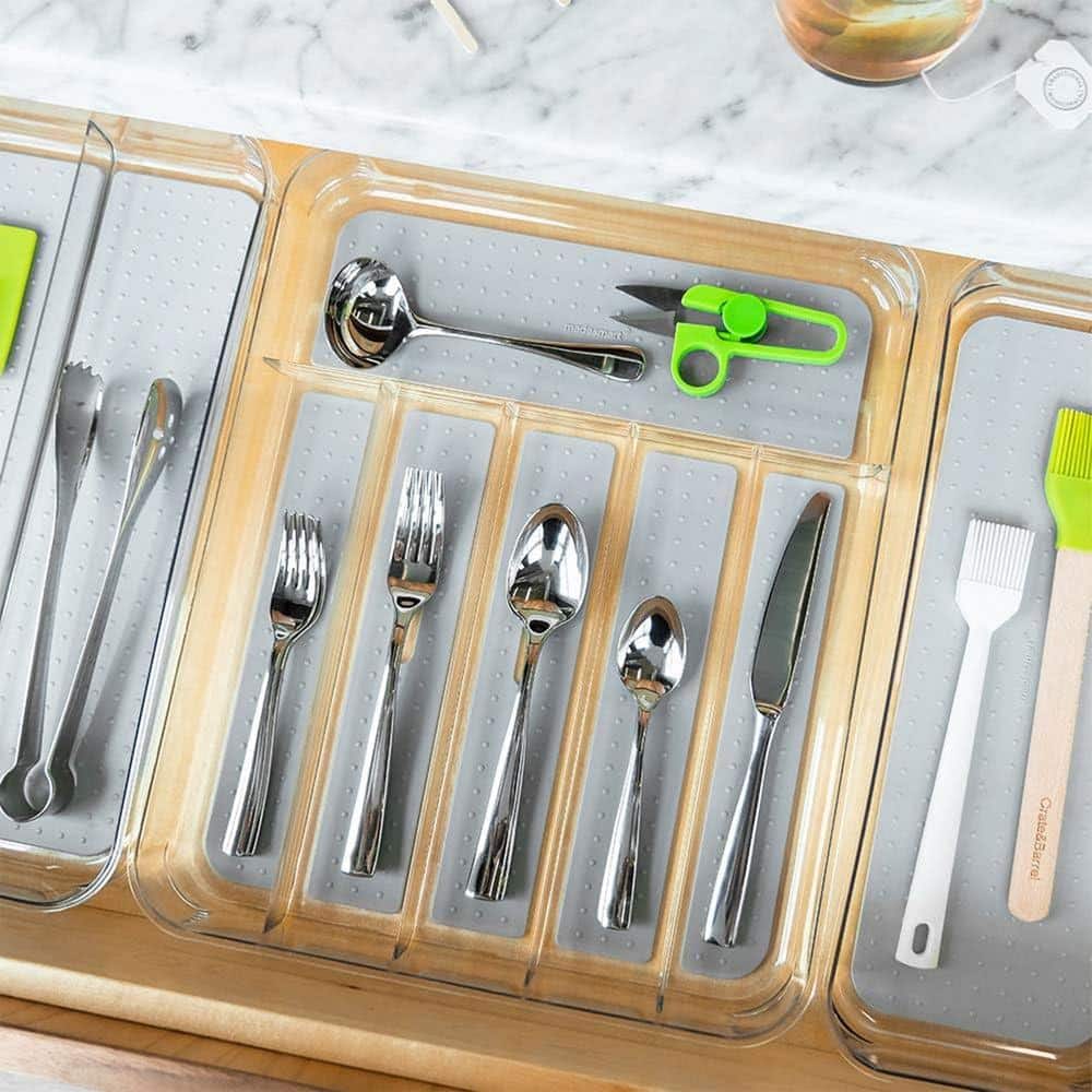 Light Gray Cutlery Drawer Organizer, Silverware Tray Clear Soft Grip, 6-Compartment, Non-Slip Feet BPA-Free - Hercitys