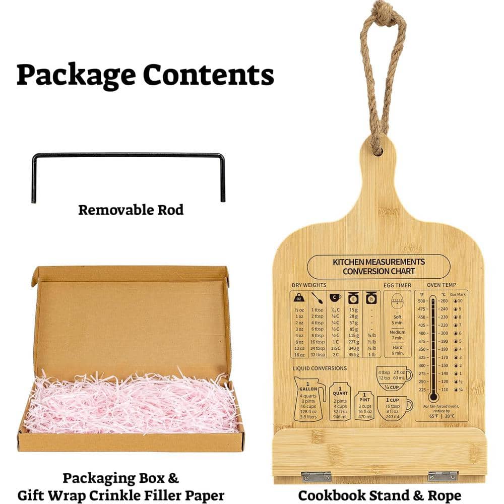 Recipe Holder with Measurement Conversion Chart, Cookbook Stand for Kitchen Counters in Natural Wood - Hercitys