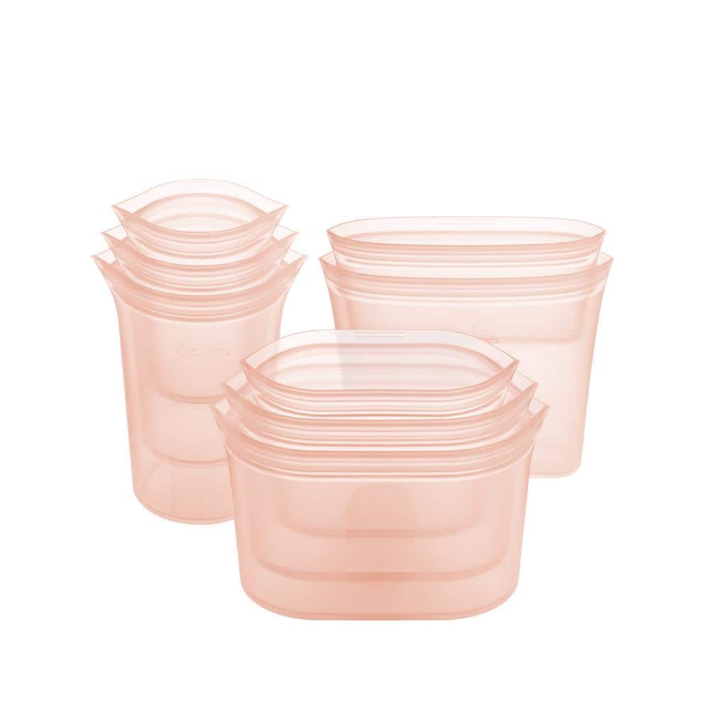 Reusable Silicone 8-Piece Set 3-Sizes of Cups, 3-Sizes of dishes, 2-Sizes of Bags, Zippered Storage Containers in Peach - Hercitys