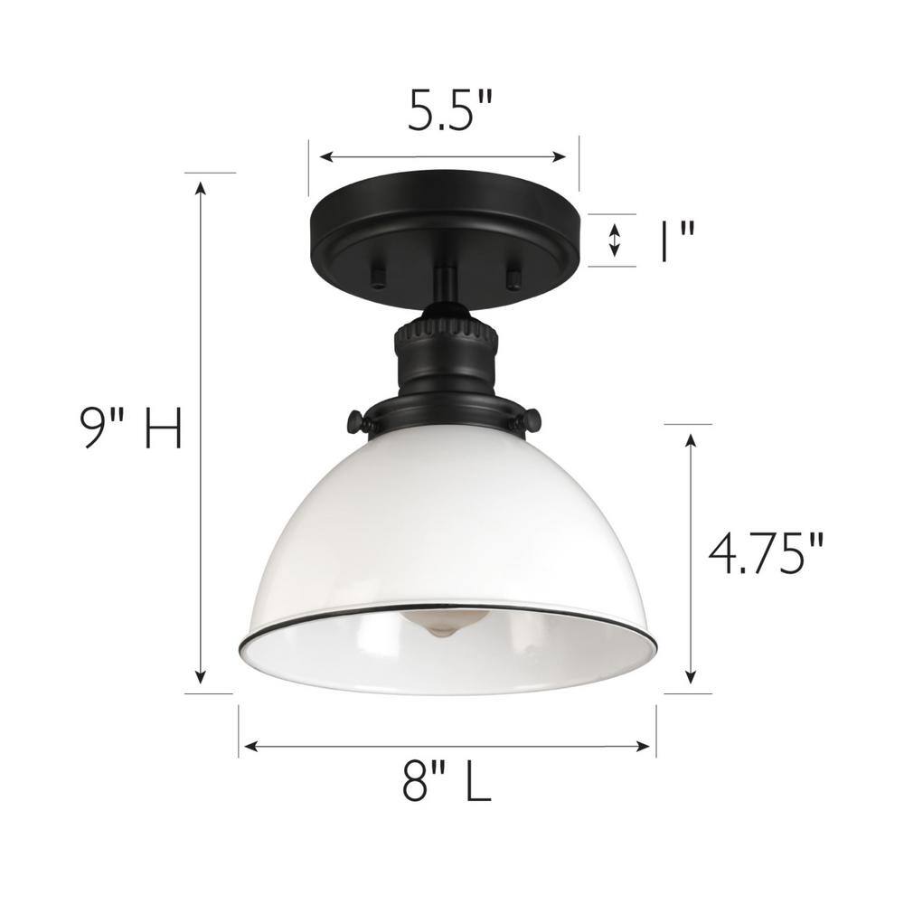 Savannah Farmhouse 8 in. 1-Light Matte Black with White Shade Semi-Flush Mount Light - Hercitys