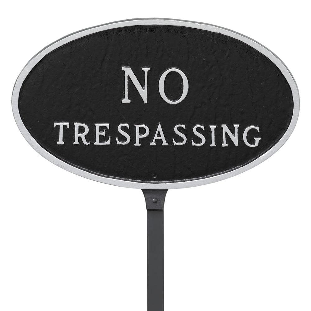 8.5 in. x 13 in. Standard Oval No Trespassing Statement Plaque Sign with 23 in. Lawn Stake, Black with Silver Lettering - Hercitys