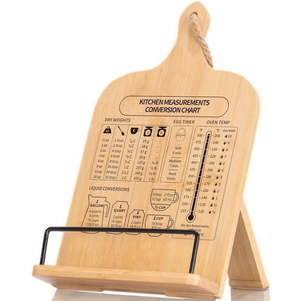Recipe Holder with Measurement Conversion Chart, Cookbook Stand for Kitchen Counters in Natural Wood - Hercitys