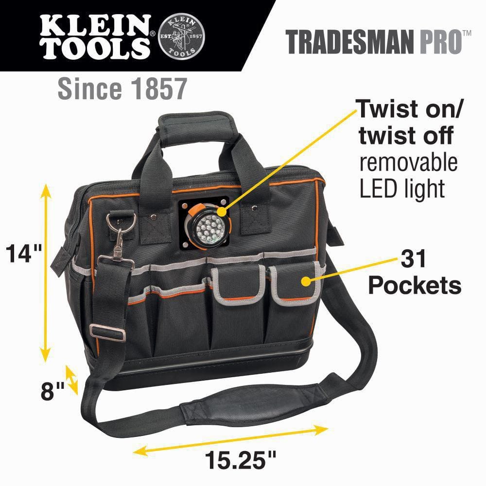 Tool Bag, Tradesman Pro Lighted Tool Bag, 31 Pockets, 15-Inch - Hercitys