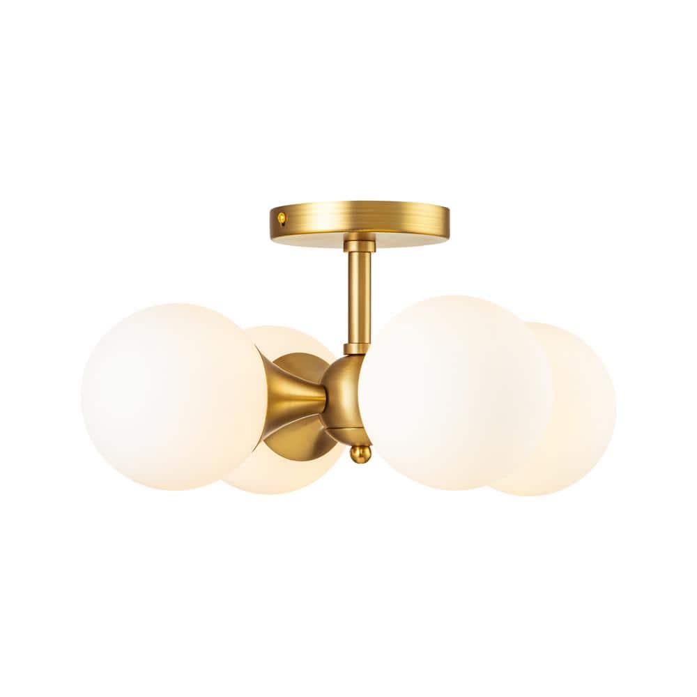 Naveen 14.2 in. 4-Light Gold Bubble Modern Sputnik Semi-Flush Mount Ceiling Lighting with Opal Glass Globe Shade - Hercitys