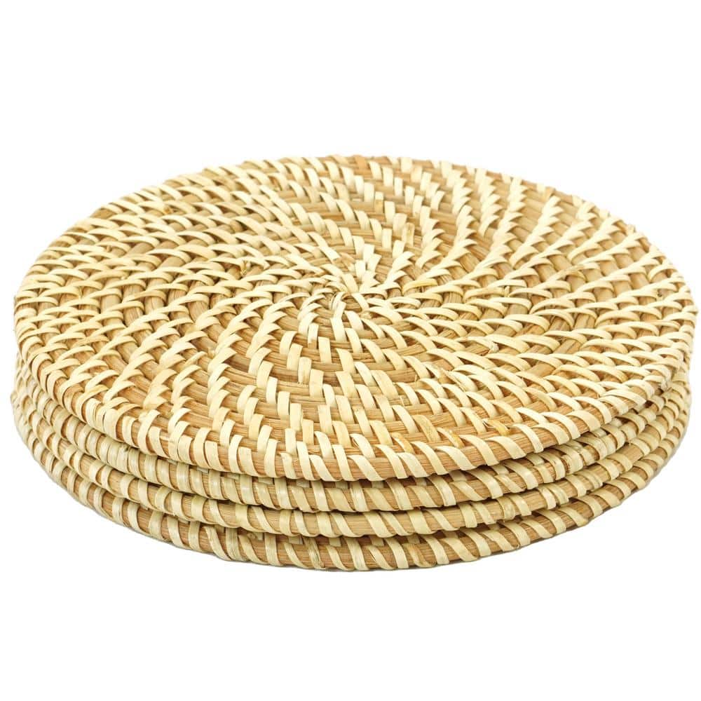 Set of 4 Decorative Round 7.25 Natural Woven Handmade Rattan Placemats - Hercitys