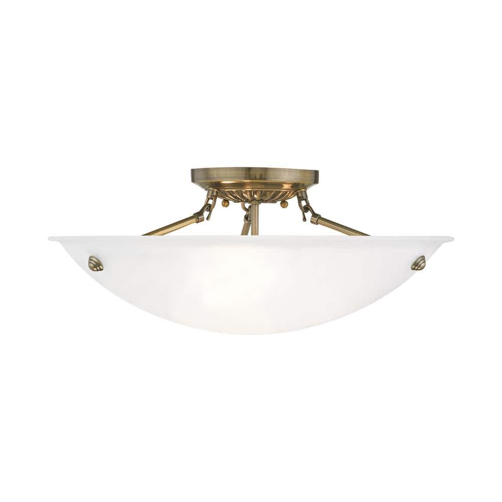 Oasis 20 in. 3-Light Antique Brass Semi Flush Mount with White Alabaster Glass - Hercitys