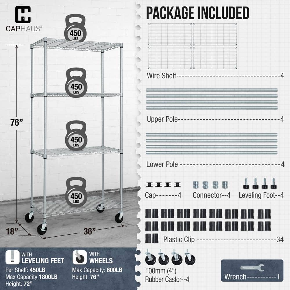 Silver 4-Tier Adjustable Welded Steel Heavy Duty Garage Storage Unit Shelving (36 in. W x 76 in. H x 18 in. D) - Hercitys