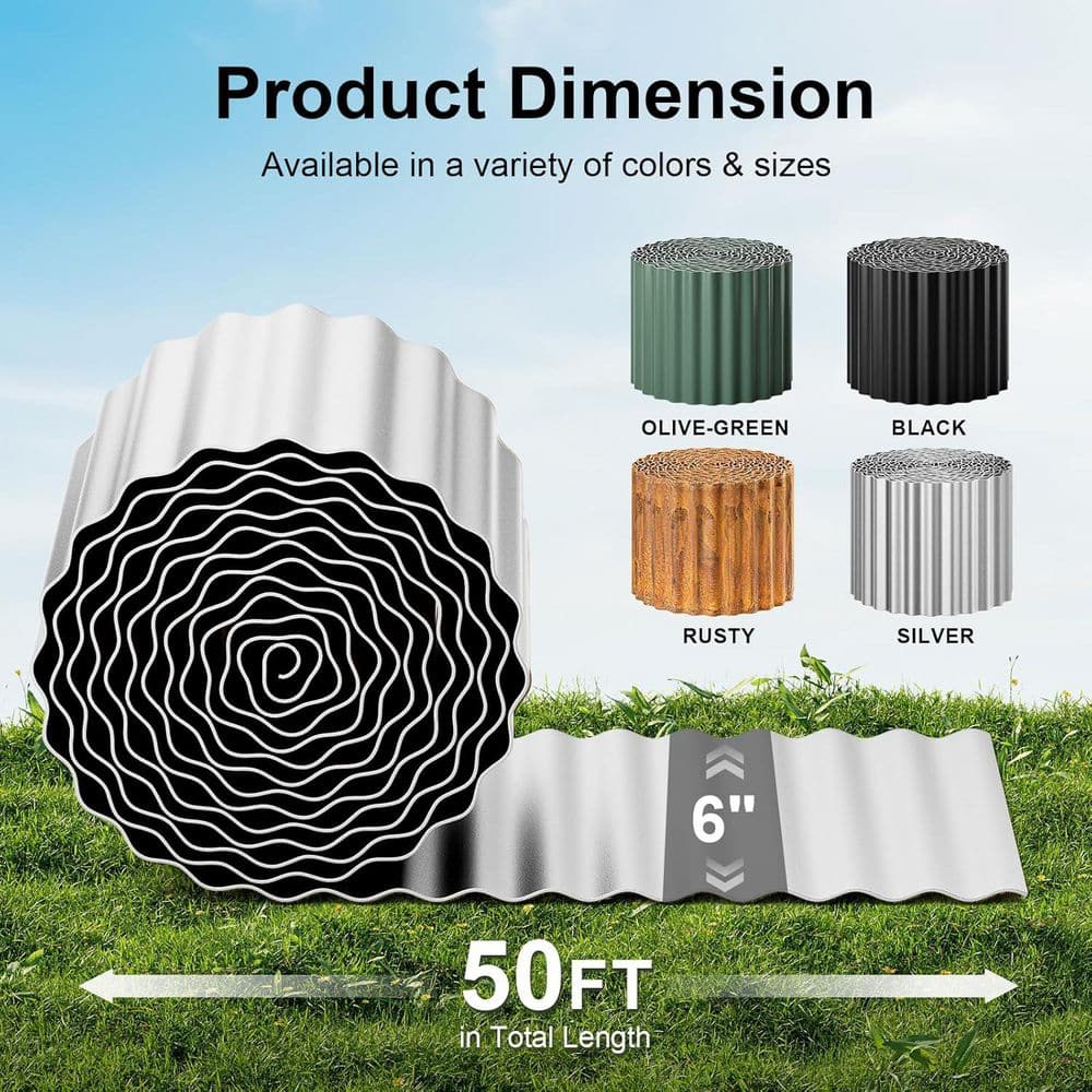 6 in. x 50 ft. Corrugated Metal Garden Edging, Silver, Galvanized Steel, DIY-Friendly, Weather-Resistant - Hercitys