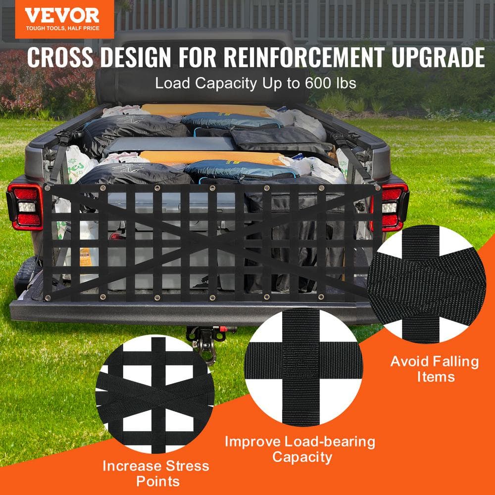 Tailgate Net, 54 in. x 18 in., Rope, Heavy Duty Cargo Net for Truck Bed with 4 Adjustable Telescopic Straps, Cross - Hercitys