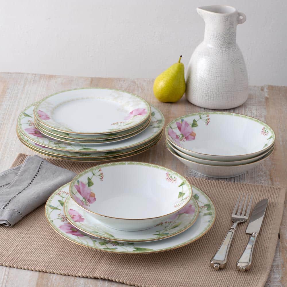 Poppy Place (White and Pink) Porcelain 12-Piece Dinnerware Set, Service for 4 - Hercitys